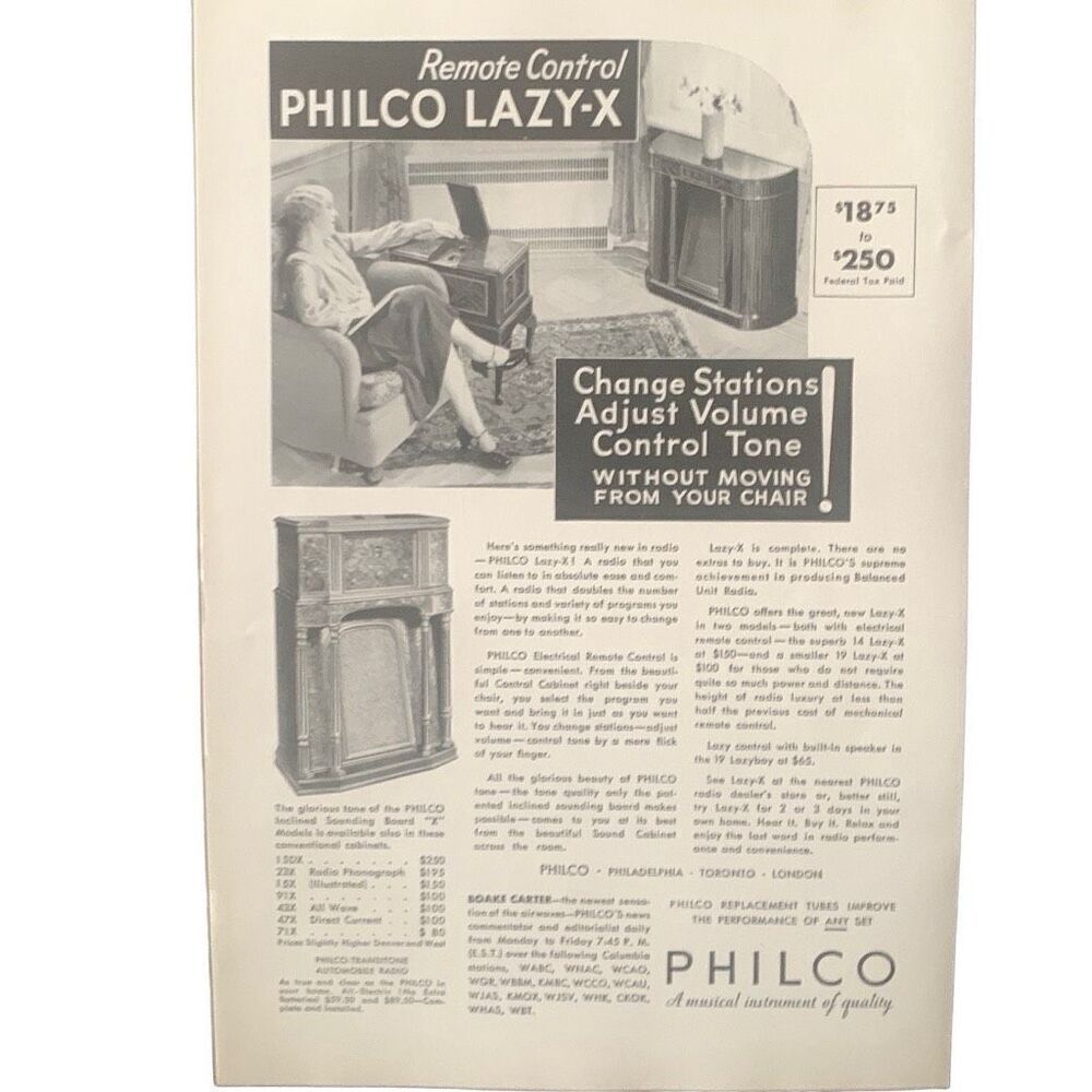 Vintage 1933 Philco Lazy X Remote Ad Advertisment
